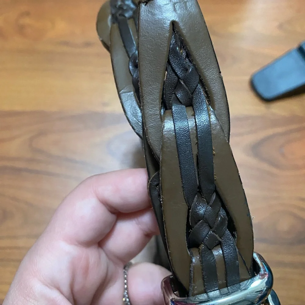 Genuine leather braided brown belt silver tone buckle boho western classic small